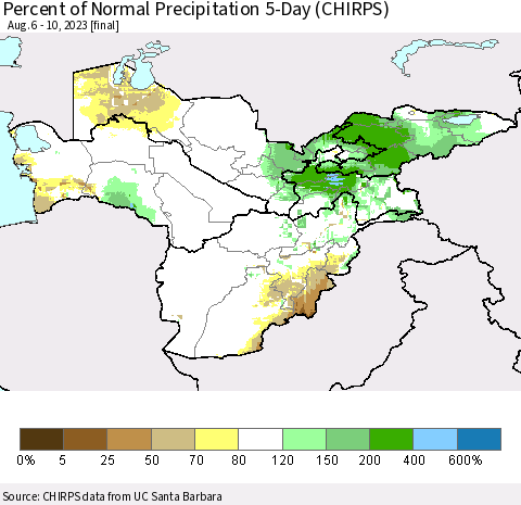 Central Asia Percent of Normal Precipitation 5-Day (CHIRPS) Thematic Map For 8/6/2023 - 8/10/2023