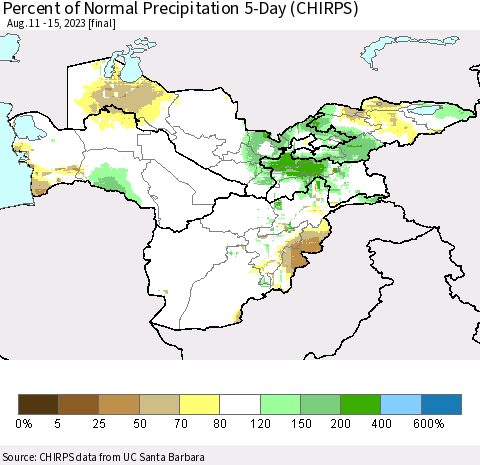 Central Asia Percent of Normal Precipitation 5-Day (CHIRPS) Thematic Map For 8/11/2023 - 8/15/2023