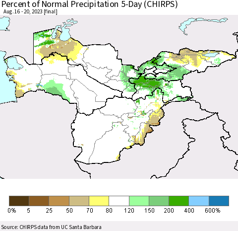 Central Asia Percent of Normal Precipitation 5-Day (CHIRPS) Thematic Map For 8/16/2023 - 8/20/2023