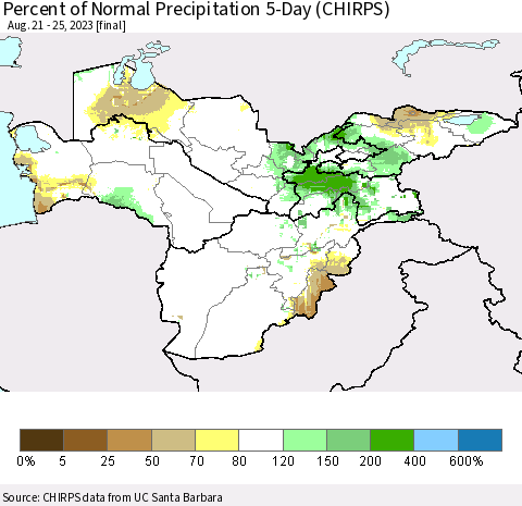 Central Asia Percent of Normal Precipitation 5-Day (CHIRPS) Thematic Map For 8/21/2023 - 8/25/2023