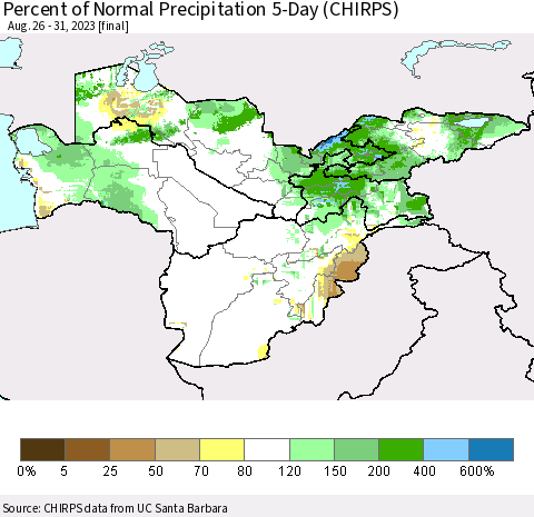 Central Asia Percent of Normal Precipitation 5-Day (CHIRPS) Thematic Map For 8/26/2023 - 8/31/2023