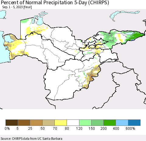 Central Asia Percent of Normal Precipitation 5-Day (CHIRPS) Thematic Map For 9/1/2023 - 9/5/2023