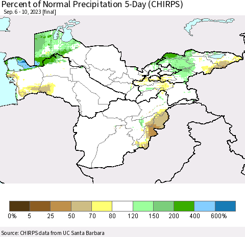 Central Asia Percent of Normal Precipitation 5-Day (CHIRPS) Thematic Map For 9/6/2023 - 9/10/2023