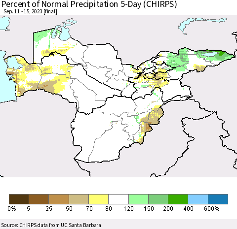 Central Asia Percent of Normal Precipitation 5-Day (CHIRPS) Thematic Map For 9/11/2023 - 9/15/2023