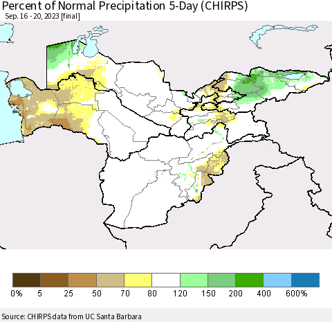 Central Asia Percent of Normal Precipitation 5-Day (CHIRPS) Thematic Map For 9/16/2023 - 9/20/2023