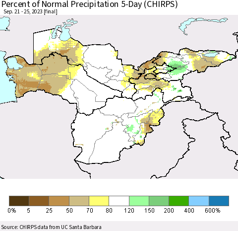 Central Asia Percent of Normal Precipitation 5-Day (CHIRPS) Thematic Map For 9/21/2023 - 9/25/2023