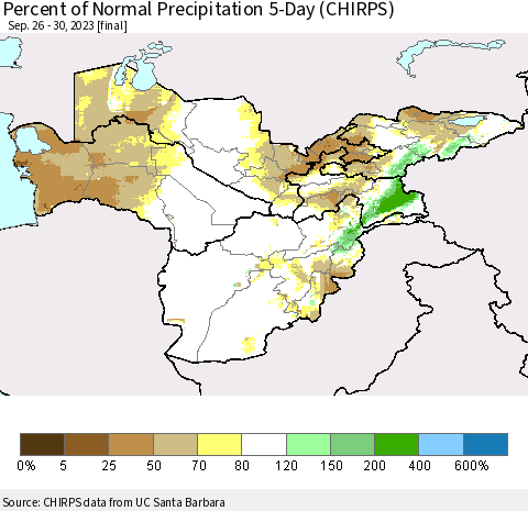 Central Asia Percent of Normal Precipitation 5-Day (CHIRPS) Thematic Map For 9/26/2023 - 9/30/2023