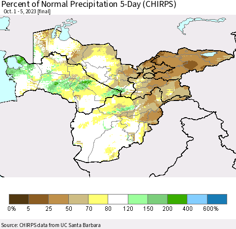 Central Asia Percent of Normal Precipitation 5-Day (CHIRPS) Thematic Map For 10/1/2023 - 10/5/2023