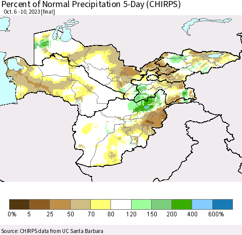 Central Asia Percent of Normal Precipitation 5-Day (CHIRPS) Thematic Map For 10/6/2023 - 10/10/2023