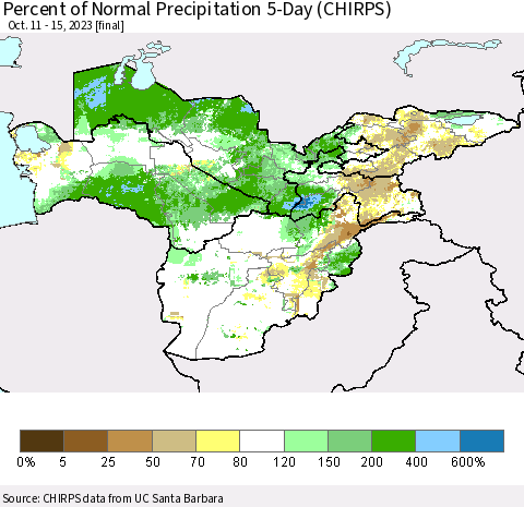 Central Asia Percent of Normal Precipitation 5-Day (CHIRPS) Thematic Map For 10/11/2023 - 10/15/2023