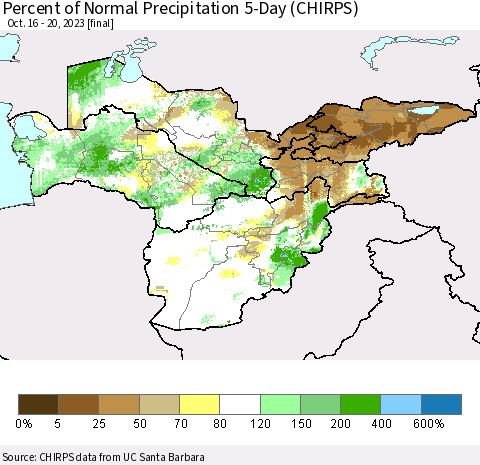 Central Asia Percent of Normal Precipitation 5-Day (CHIRPS) Thematic Map For 10/16/2023 - 10/20/2023