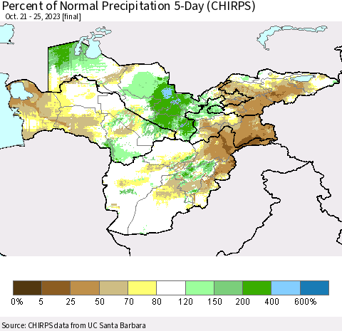 Central Asia Percent of Normal Precipitation 5-Day (CHIRPS) Thematic Map For 10/21/2023 - 10/25/2023