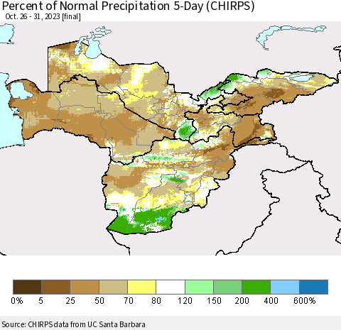 Central Asia Percent of Normal Precipitation 5-Day (CHIRPS) Thematic Map For 10/26/2023 - 10/31/2023