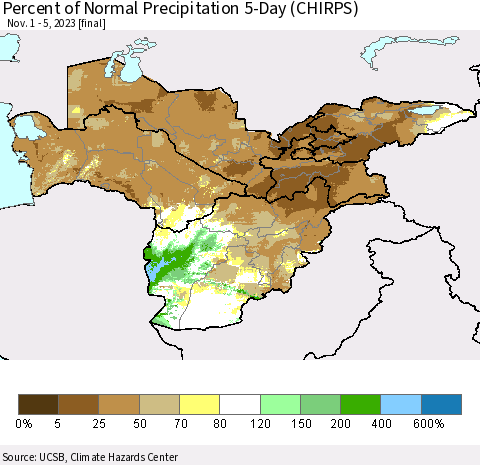 Central Asia Percent of Normal Precipitation 5-Day (CHIRPS) Thematic Map For 11/1/2023 - 11/5/2023