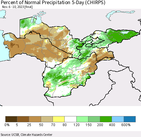 Central Asia Percent of Normal Precipitation 5-Day (CHIRPS) Thematic Map For 11/6/2023 - 11/10/2023