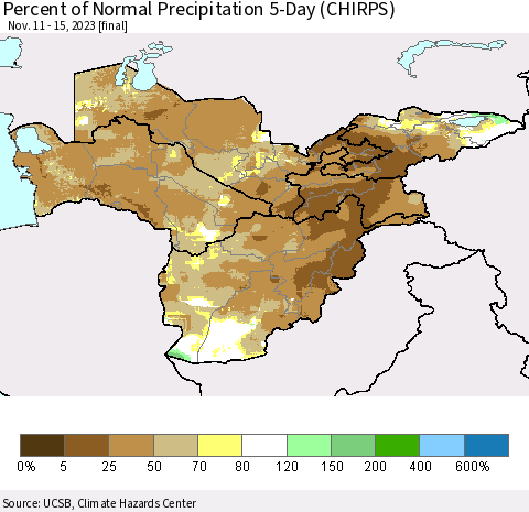 Central Asia Percent of Normal Precipitation 5-Day (CHIRPS) Thematic Map For 11/11/2023 - 11/15/2023