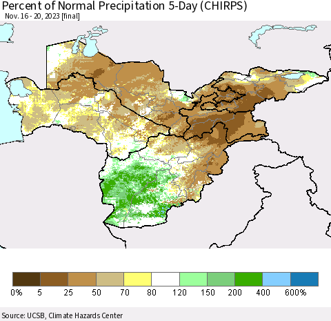 Central Asia Percent of Normal Precipitation 5-Day (CHIRPS) Thematic Map For 11/16/2023 - 11/20/2023