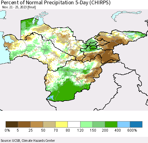 Central Asia Percent of Normal Precipitation 5-Day (CHIRPS) Thematic Map For 11/21/2023 - 11/25/2023