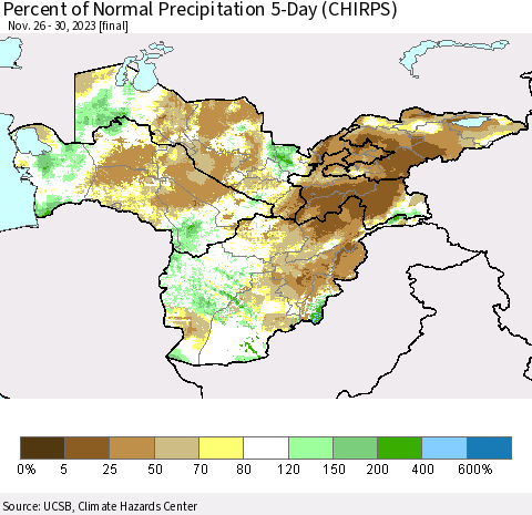 Central Asia Percent of Normal Precipitation 5-Day (CHIRPS) Thematic Map For 11/26/2023 - 11/30/2023