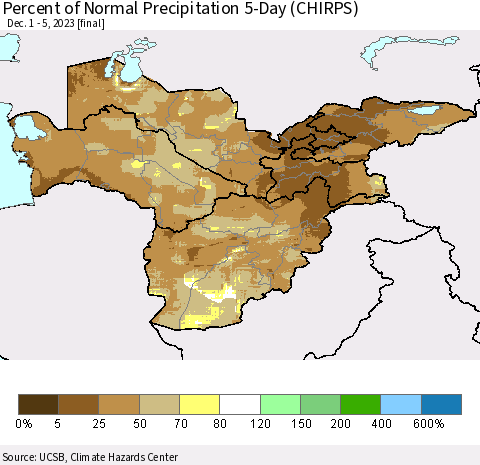 Central Asia Percent of Normal Precipitation 5-Day (CHIRPS) Thematic Map For 12/1/2023 - 12/5/2023