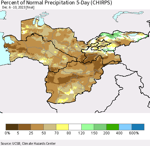 Central Asia Percent of Normal Precipitation 5-Day (CHIRPS) Thematic Map For 12/6/2023 - 12/10/2023