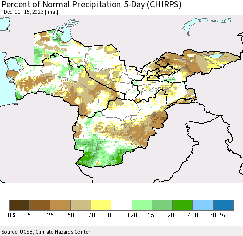 Central Asia Percent of Normal Precipitation 5-Day (CHIRPS) Thematic Map For 12/11/2023 - 12/15/2023