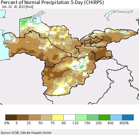 Central Asia Percent of Normal Precipitation 5-Day (CHIRPS) Thematic Map For 12/16/2023 - 12/20/2023