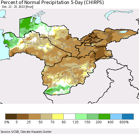 Central Asia Percent of Normal Precipitation 5-Day (CHIRPS) Thematic Map For 12/21/2023 - 12/25/2023
