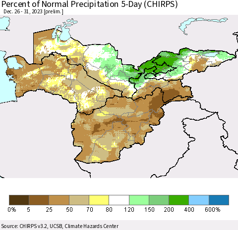 Central Asia Percent of Normal Precipitation 5-Day (CHIRPS) Thematic Map For 12/26/2023 - 12/31/2023
