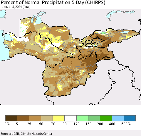 Central Asia Percent of Normal Precipitation 5-Day (CHIRPS) Thematic Map For 1/1/2024 - 1/5/2024
