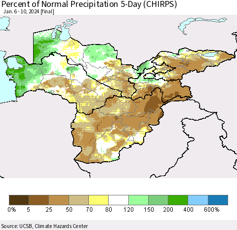 Central Asia Percent of Normal Precipitation 5-Day (CHIRPS) Thematic Map For 1/6/2024 - 1/10/2024
