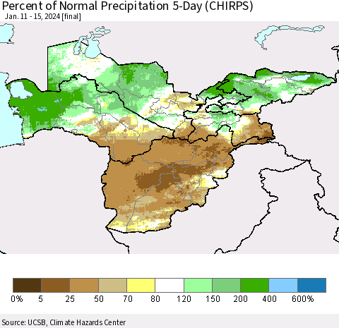 Central Asia Percent of Normal Precipitation 5-Day (CHIRPS) Thematic Map For 1/11/2024 - 1/15/2024