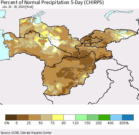 Central Asia Percent of Normal Precipitation 5-Day (CHIRPS) Thematic Map For 1/16/2024 - 1/20/2024