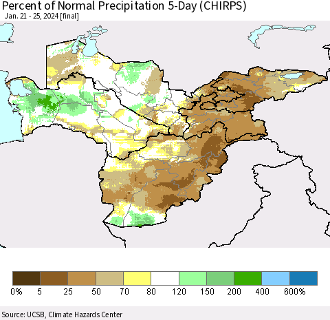 Central Asia Percent of Normal Precipitation 5-Day (CHIRPS) Thematic Map For 1/21/2024 - 1/25/2024