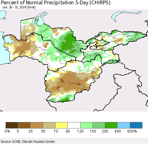 Central Asia Percent of Normal Precipitation 5-Day (CHIRPS) Thematic Map For 1/26/2024 - 1/31/2024