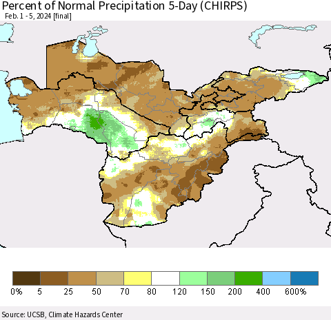 Central Asia Percent of Normal Precipitation 5-Day (CHIRPS) Thematic Map For 2/1/2024 - 2/5/2024