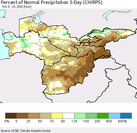 Central Asia Percent of Normal Precipitation 5-Day (CHIRPS) Thematic Map For 2/6/2024 - 2/10/2024