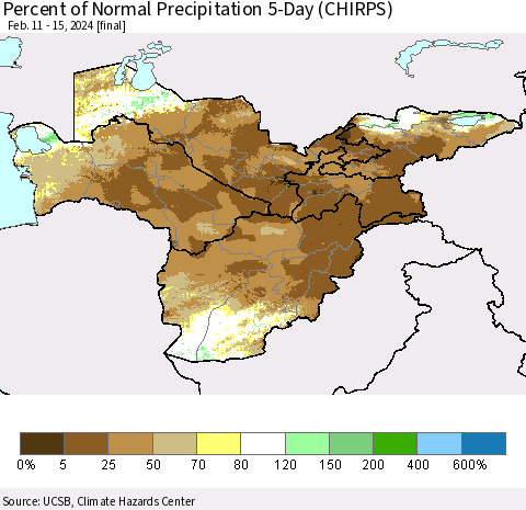Central Asia Percent of Normal Precipitation 5-Day (CHIRPS) Thematic Map For 2/11/2024 - 2/15/2024