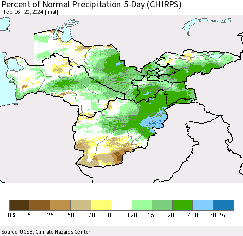 Central Asia Percent of Normal Precipitation 5-Day (CHIRPS) Thematic Map For 2/16/2024 - 2/20/2024