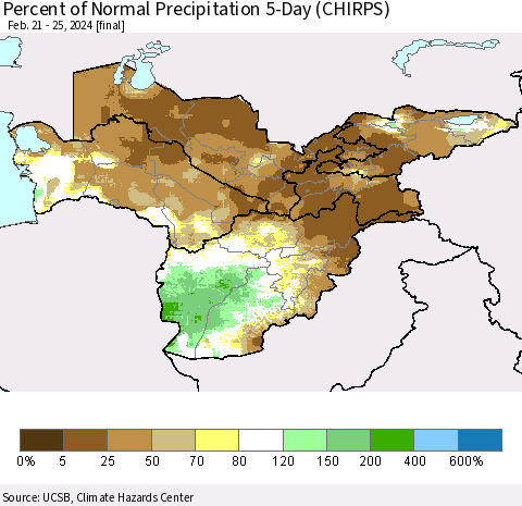 Central Asia Percent of Normal Precipitation 5-Day (CHIRPS) Thematic Map For 2/21/2024 - 2/25/2024