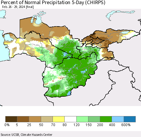 Central Asia Percent of Normal Precipitation 5-Day (CHIRPS) Thematic Map For 2/26/2024 - 2/29/2024