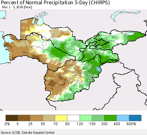 Central Asia Percent of Normal Precipitation 5-Day (CHIRPS) Thematic Map For 3/1/2024 - 3/5/2024