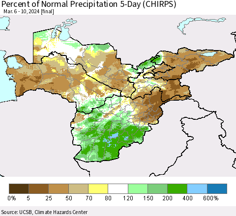 Central Asia Percent of Normal Precipitation 5-Day (CHIRPS) Thematic Map For 3/6/2024 - 3/10/2024