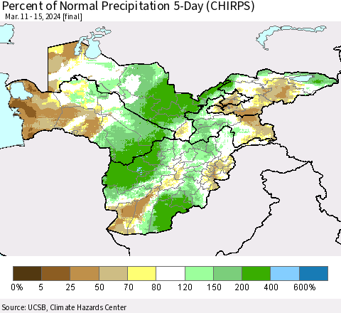 Central Asia Percent of Normal Precipitation 5-Day (CHIRPS) Thematic Map For 3/11/2024 - 3/15/2024