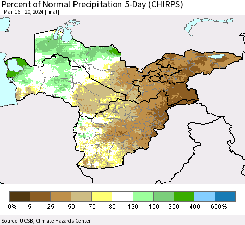 Central Asia Percent of Normal Precipitation 5-Day (CHIRPS) Thematic Map For 3/16/2024 - 3/20/2024