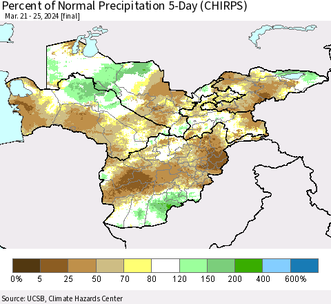 Central Asia Percent of Normal Precipitation 5-Day (CHIRPS) Thematic Map For 3/21/2024 - 3/25/2024
