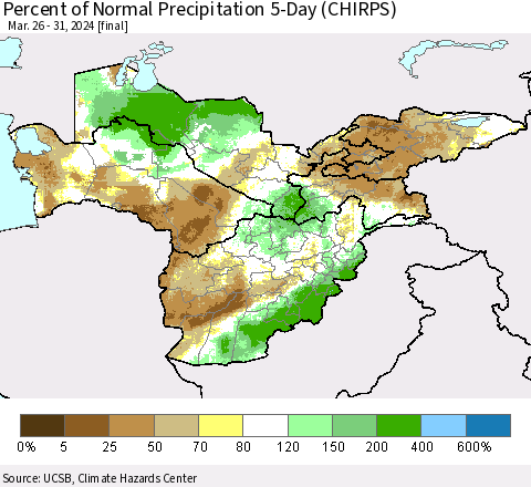 Central Asia Percent of Normal Precipitation 5-Day (CHIRPS) Thematic Map For 3/26/2024 - 3/31/2024