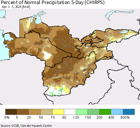 Central Asia Percent of Normal Precipitation 5-Day (CHIRPS) Thematic Map For 4/1/2024 - 4/5/2024