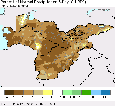 Central Asia Percent of Normal Precipitation 5-Day (CHIRPS) Thematic Map For 4/1/2024 - 4/5/2024