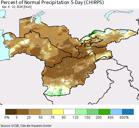Central Asia Percent of Normal Precipitation 5-Day (CHIRPS) Thematic Map For 4/6/2024 - 4/10/2024